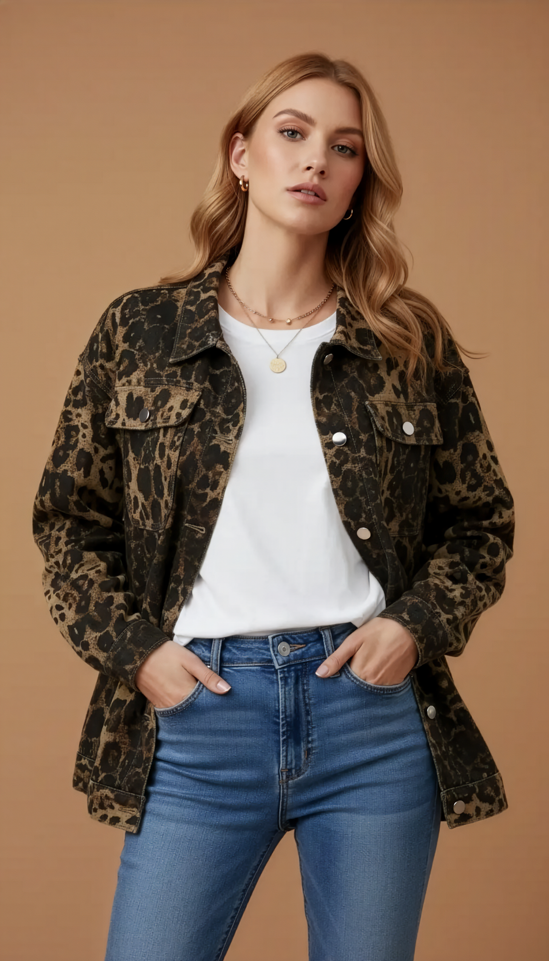 Wild Luxe Leopard Denim Jacket – Oversized Animal Print Jean Shacket for Women