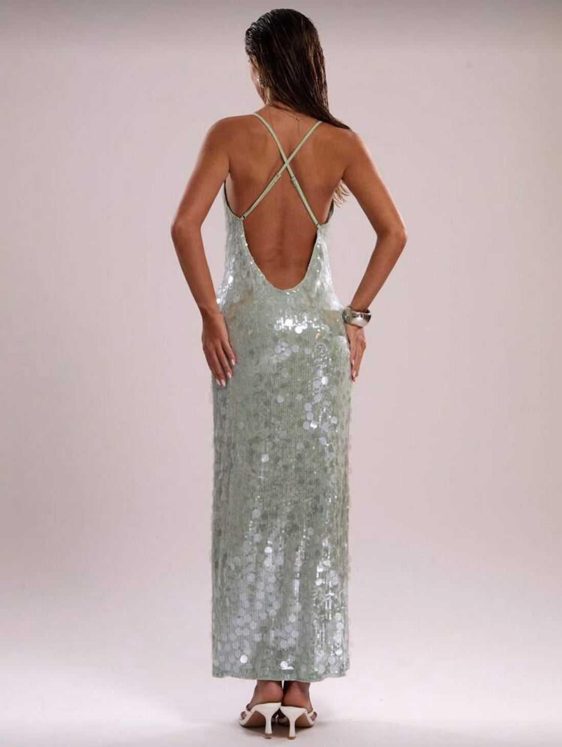 Soléa Aqua Allure Sequin Slip Gown – Iridescent Mint Maxi Dress with Satin Backing, Elegant Evening & Resort Wear