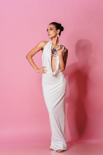 Ivory Cascade Gown – Deep-Drape Halter Maxi Dress, Elegant Open-Front Evening Silhouette