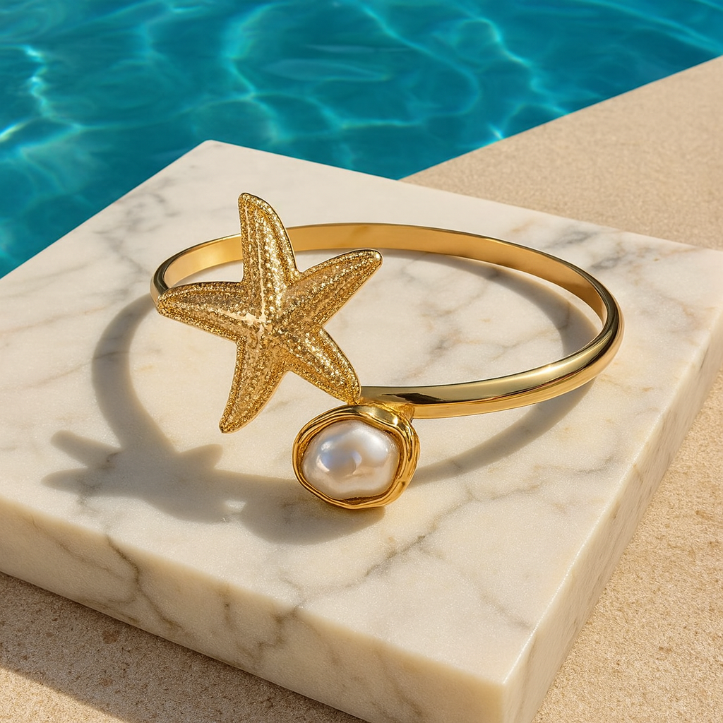 Star of the Sea Pearl Cuff – Gold Starfish Bracelet with Shell Pearl Charm