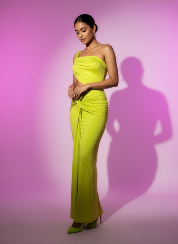 Celadon Siren Gown – One-Shoulder Cutout Maxi Dress, Sculpted Knot Detail Evening Gown