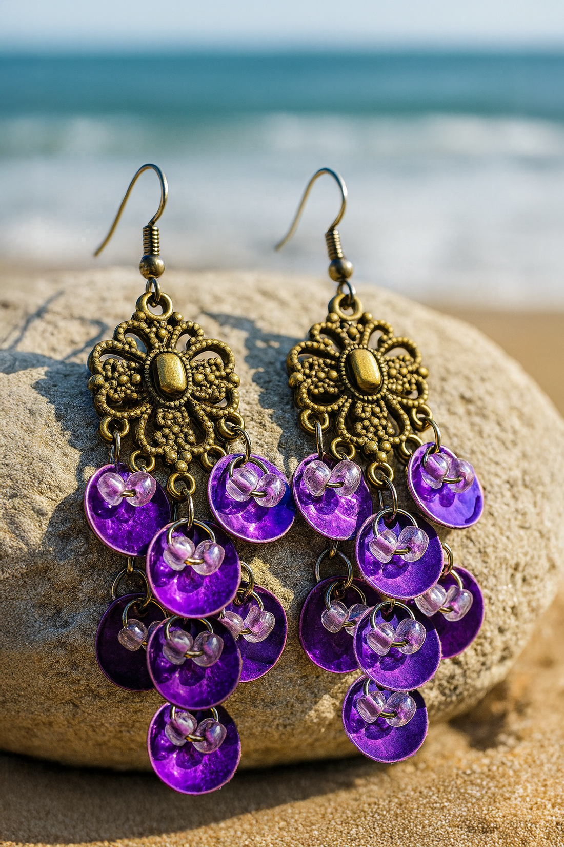 Amethyst Boho Bloom Dangles – Vintage-Inspired Purple Statement Earrings, Layered Disc Drop Boho Jewelry