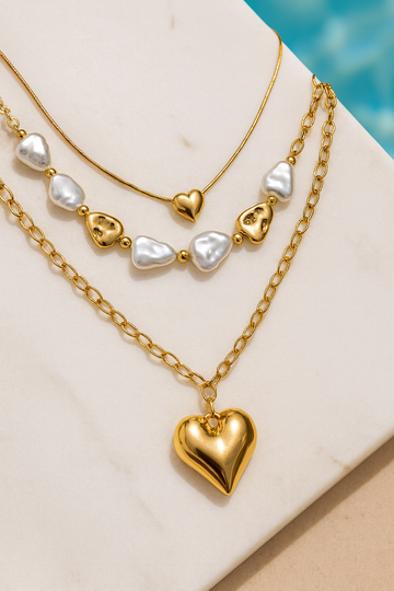 Golden Heart Layered Necklace – Three-Layer Pearl & Gold Heart Pendant Set, Chic Everyday Accessory, Romantic Statement Jewelry