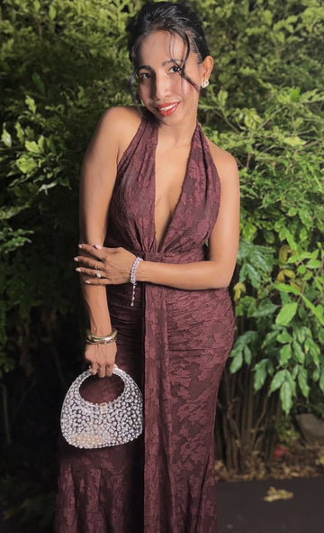 Rouge Dynasty Plunge Ruched Halter Lace Maxi Gown