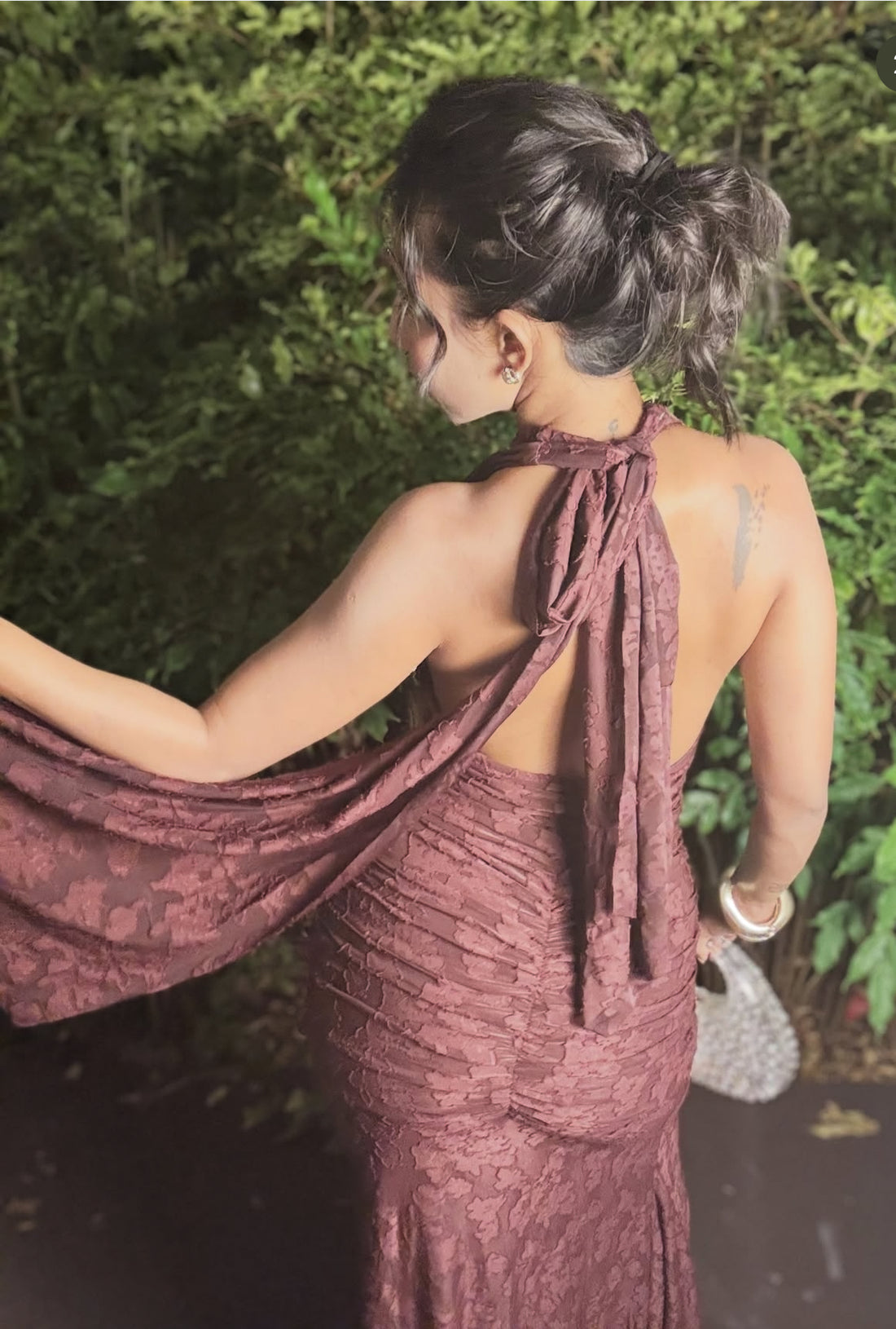 Rouge Dynasty Plunge Ruched Halter Lace Maxi Gown