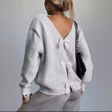 RibbonBack Cozy Knit Sweater – Soft V-Back Pullover with Elegant Satin Bow Details