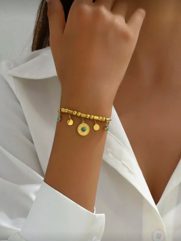 Azure Sun Charm Beaded Gold Bracelet