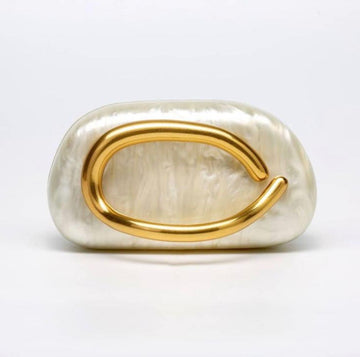 Aurora Shell Clutch Purse – Pearl Finish Sculpted Evening Clutch with Gold Accent