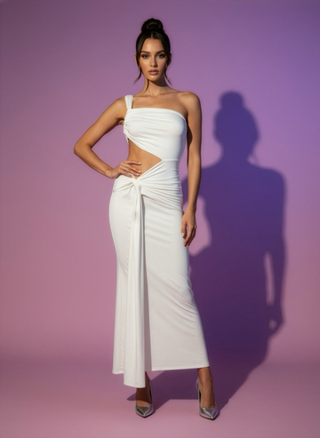 Ivory Eclipse Gown – One-Shoulder Cutout Evening Dress, Elegant White Maxi Gown