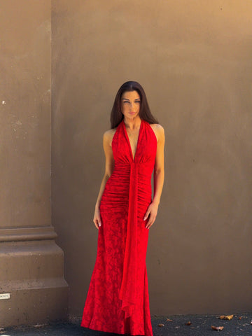 Rouge Dynasty Plunge Ruched Halter Lace Maxi Gown