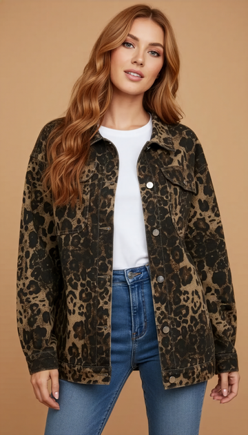 Wild Luxe Leopard Denim Jacket – Oversized Animal Print Jean Shacket for Women