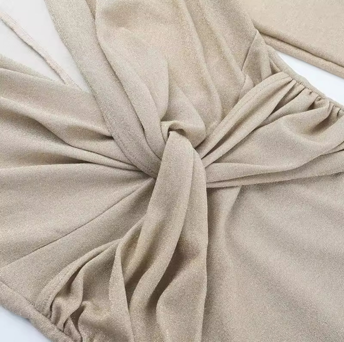 Champagne Glow Ruched Sparkle Long Sleeve Mini Dress