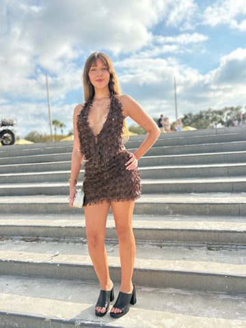 Maya Luxe Cocoa Fringe Deep-V Mini Dress – Brown Textured Party Dress, Sexy Backless Halter Night-Out Dress