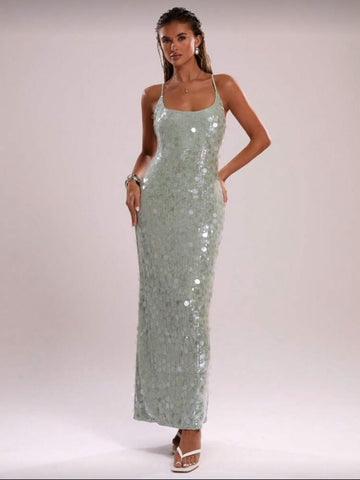 Soléa Aqua Allure Sequin Slip Gown – Iridescent Mint Maxi Dress with Satin Backing, Elegant Evening & Resort Wear