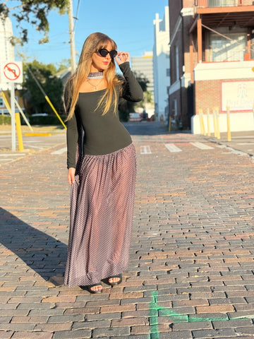 Polka Breeze One-Piece Dress Set – Long Sleeve Black Bodice, Sheer Polka Dot Skirt & Matching Scarf