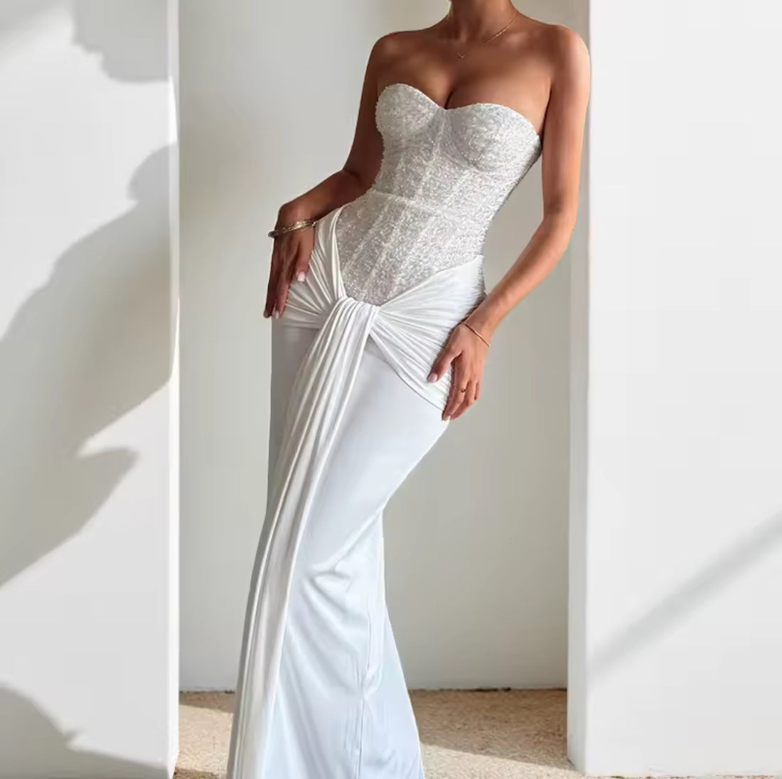 Opulent Muse Strapless Corset Drape Maxi Gown