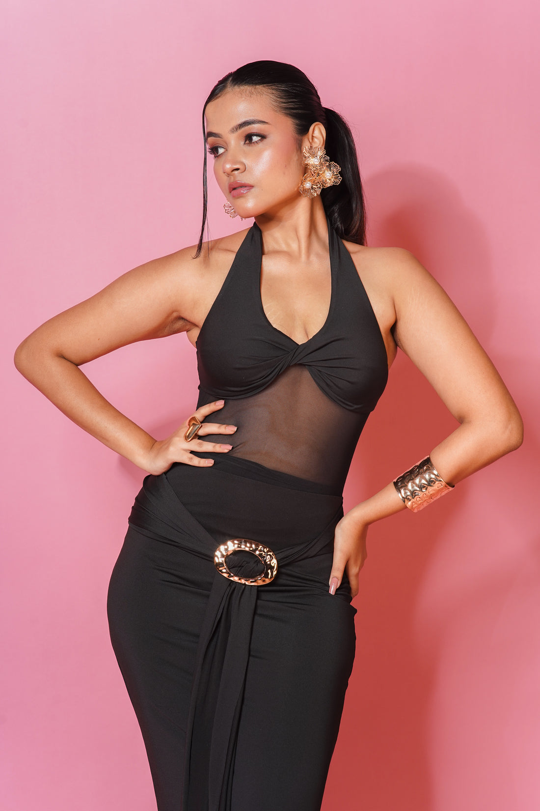 Midnight Mirage Gown – Sheer Mesh Halter Maxi Dress with Draped Waist & Statement Buckle