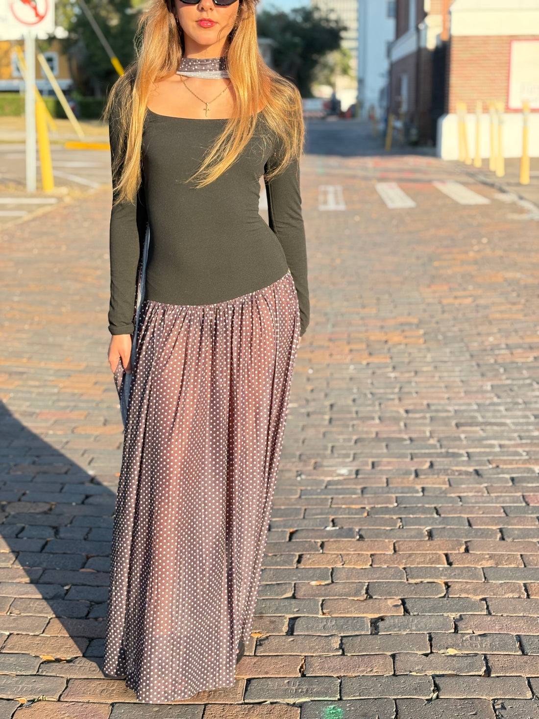 Polka Breeze One-Piece Dress Set – Long Sleeve Black Bodice, Sheer Polka Dot Skirt & Matching Scarf