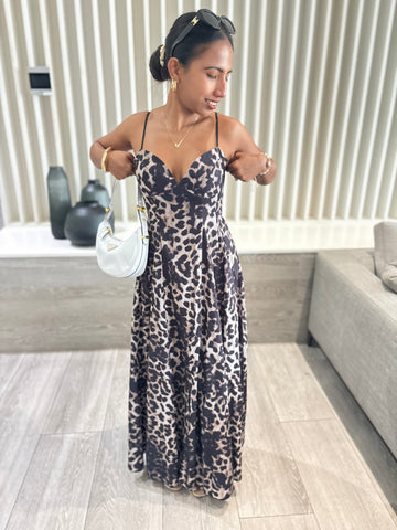 Leopard Print Bustier Maxi Dress – Spaghetti Strap A-Line Sundress for Vacation, Parties & Summer Outing