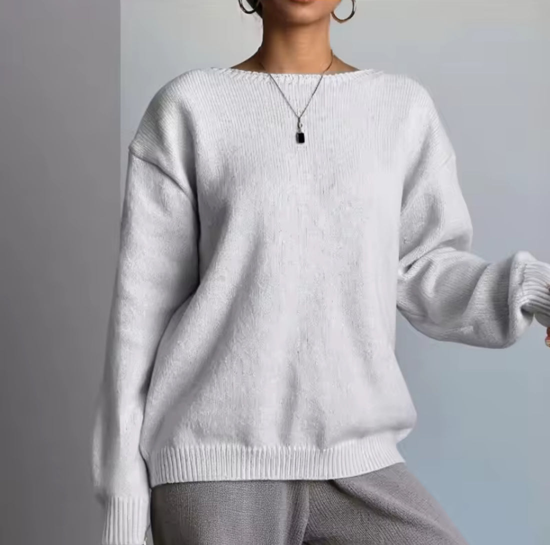 RibbonBack Cozy Knit Sweater – Soft V-Back Pullover with Elegant Satin Bow Details