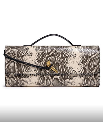 Viper Luxe Clutch – Snake-Print Structured Handbag with Gold Accent, Chic Evening & Statement Accessory