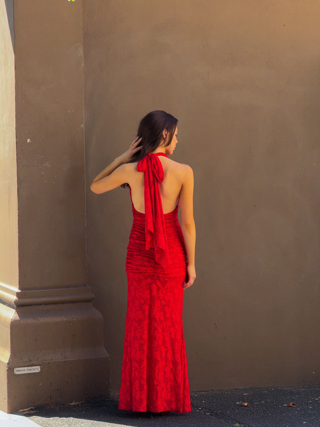 Rouge Dynasty Plunge Ruched Halter Lace Maxi Gown